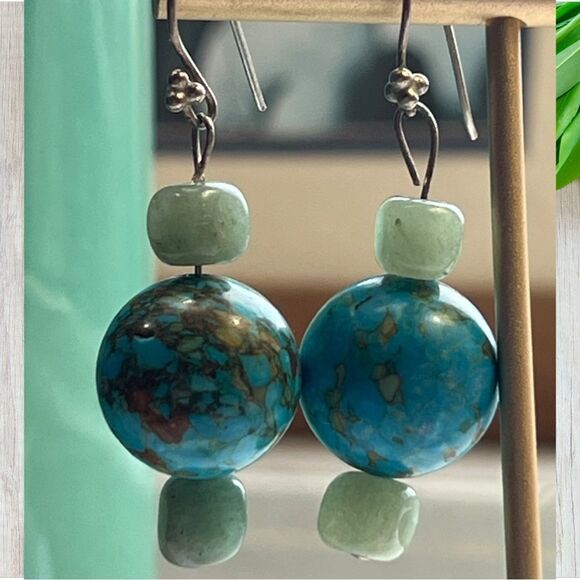 Vintage Genuine Kingman Turquoise & Aventurine Stone Sterling Drop Earrings - Picture 6 of 6